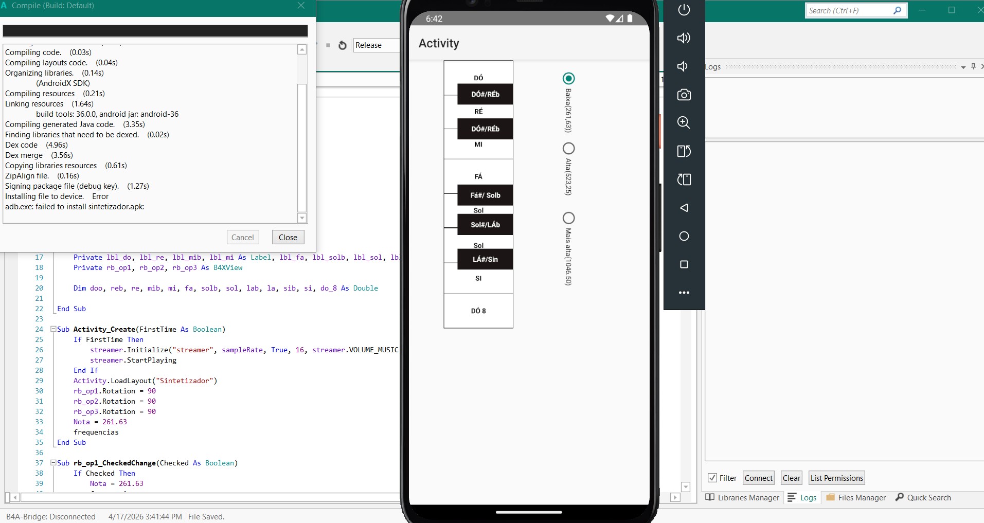 Aparência do Sintetizador em B4A