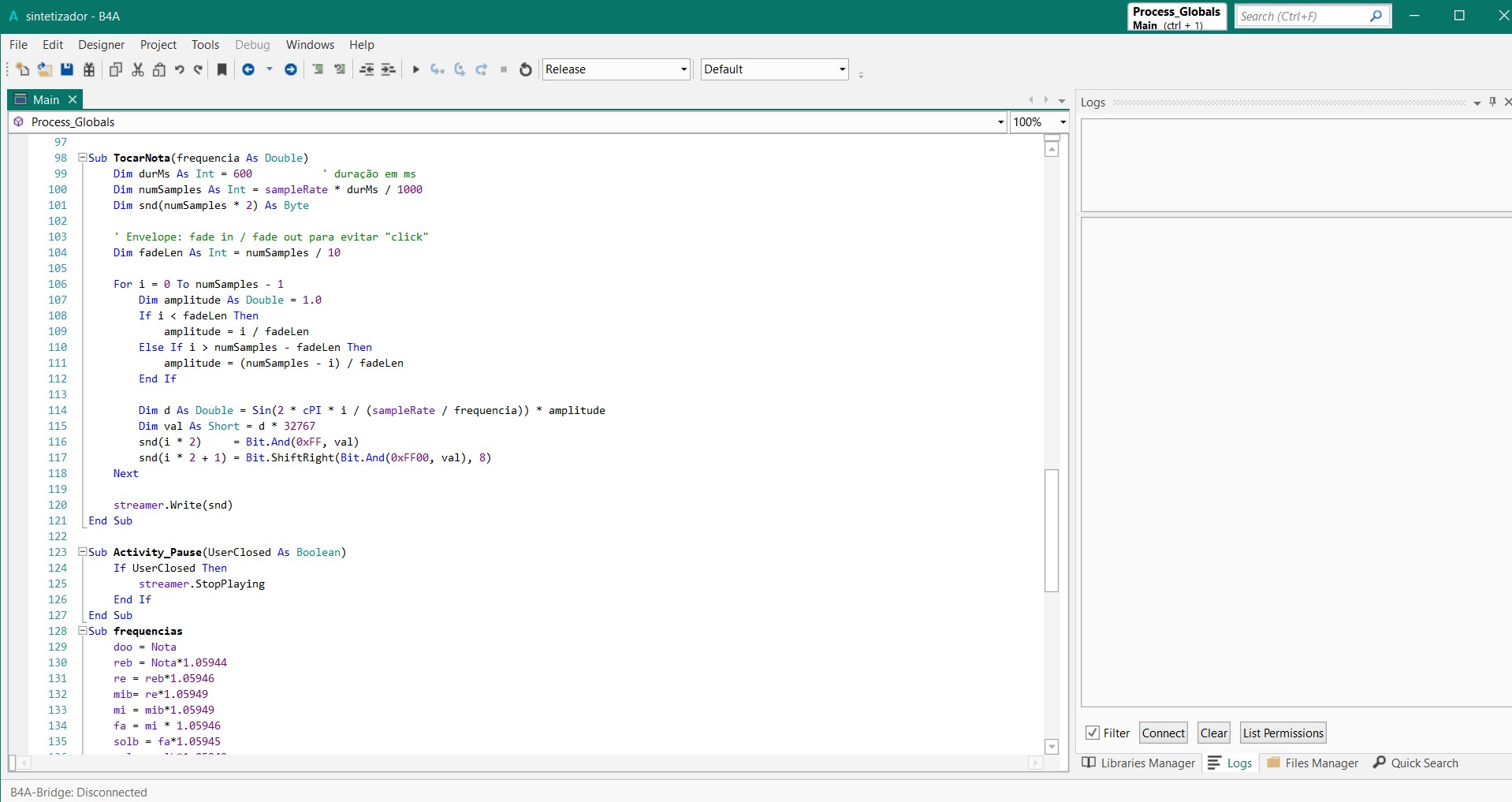 Código do Sintetizador em B4A